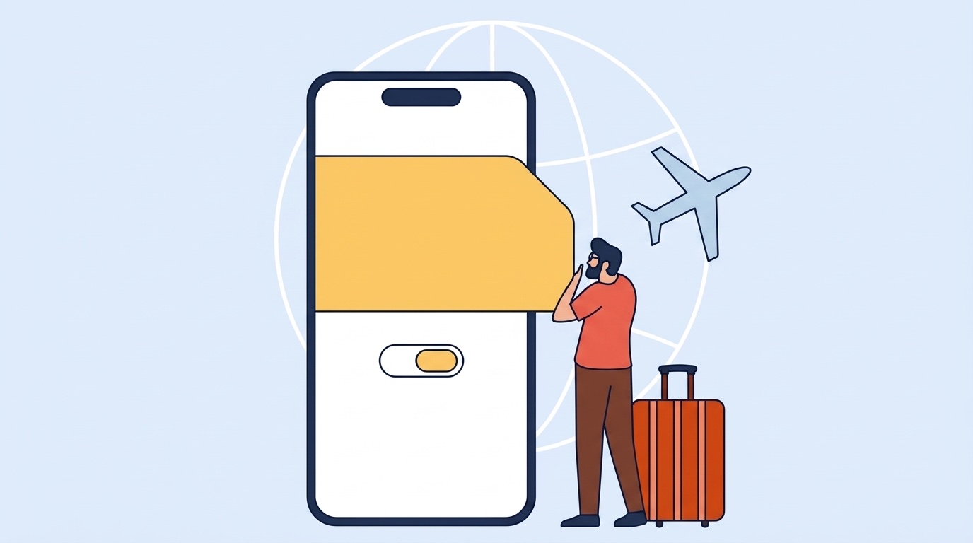 Traveler with a suitcase beside a phone showing an eSIM
