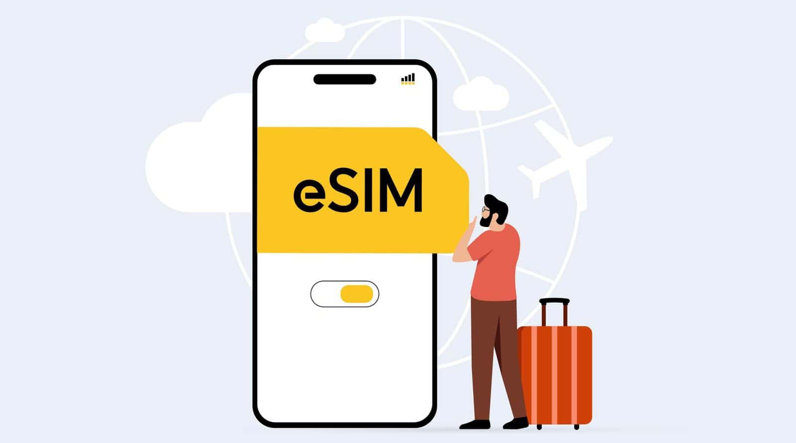 一位拖着行李箱的旅行者，旁边的手机上显示着 eSIM