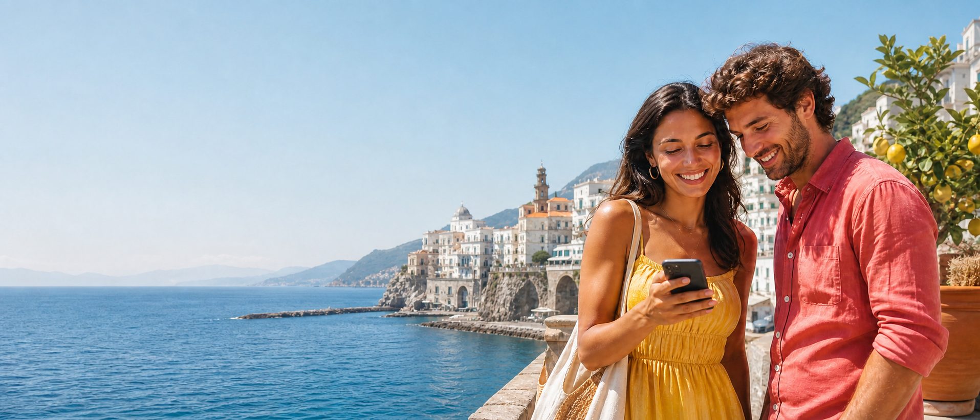 A smiling couple on a sunny Amalfi Coast terrace, looking at a phone together